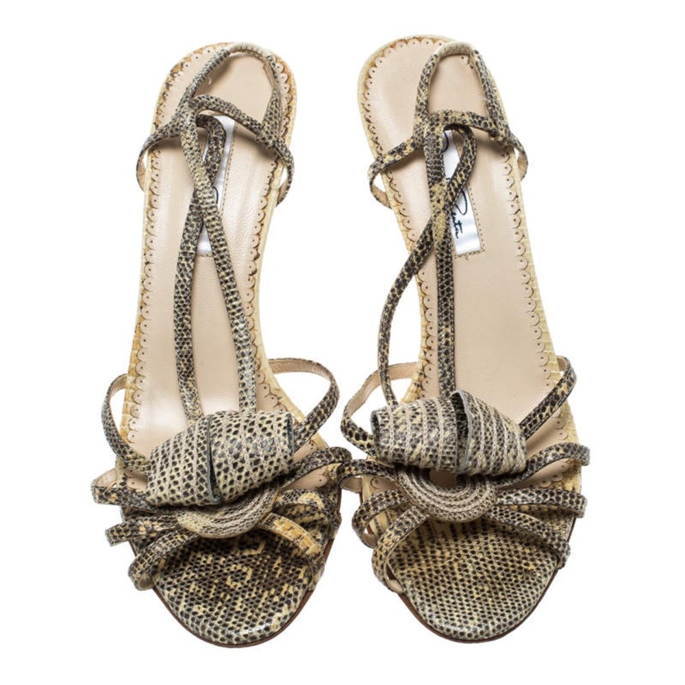 Oscar De La Renta Leather Snake Skin Strappy Heel Sandals Size 38 1/2